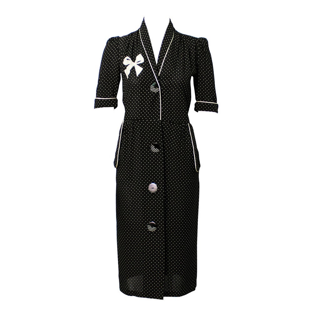 Early 1970s Bus Stop by Lee Bender Black & White Polka Dot Shirt Dress