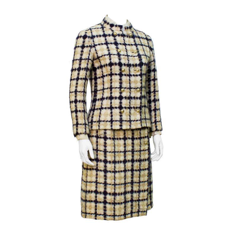 1960's Chanel Couture Navy and Tan Boucle Suit with Removable Collar ...