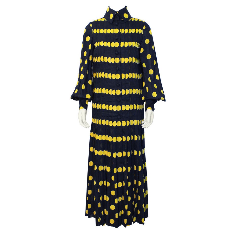 1970's Jean Patou Navy Pleated Gown with Yellow Polka Dots