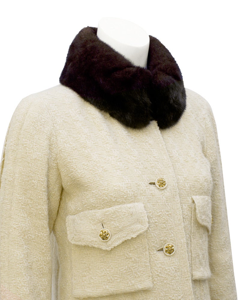 Beige 1980's Chanel Haute Couture Cream Boucle Coat with Mink Collar