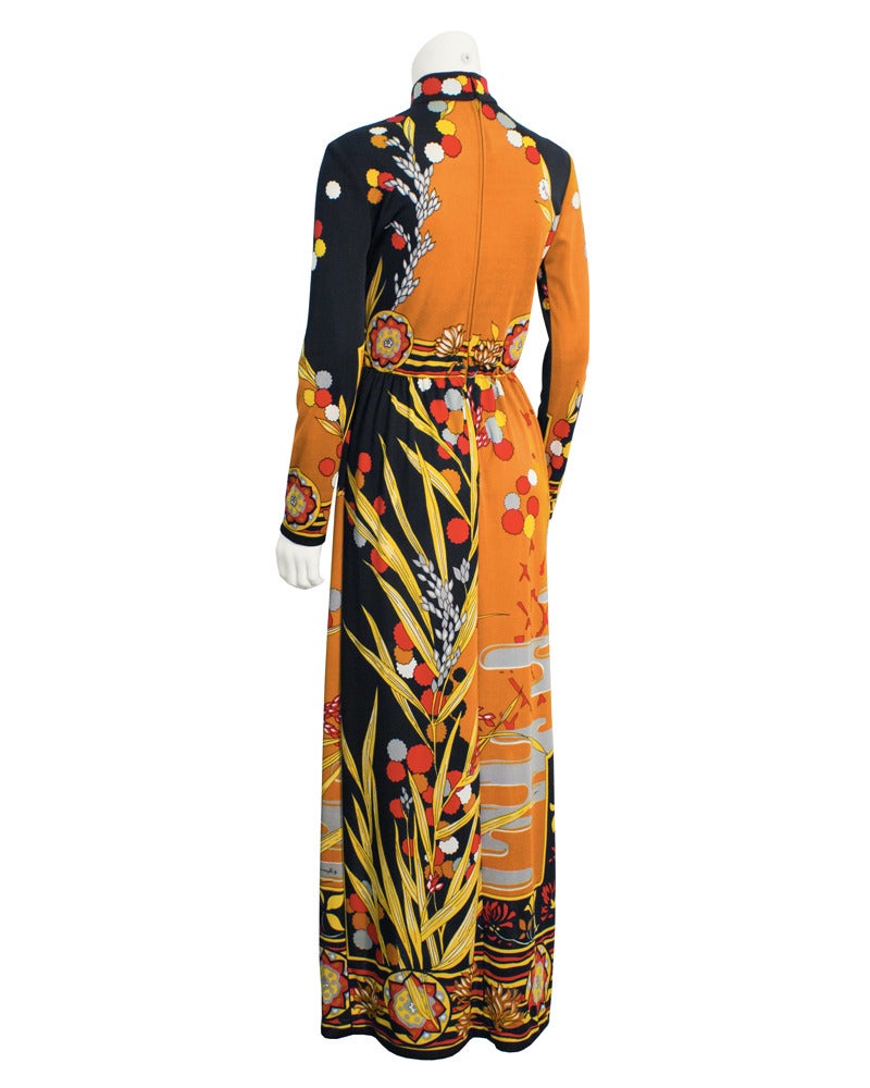 1970's Paganne Tan & Black Abstract Print Gown In Excellent Condition In Toronto, Ontario