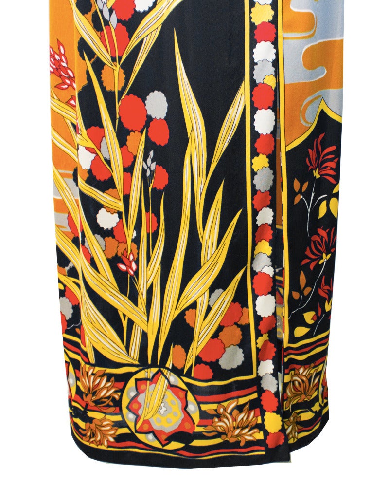 1970's Paganne Tan & Black Abstract Print Gown 1