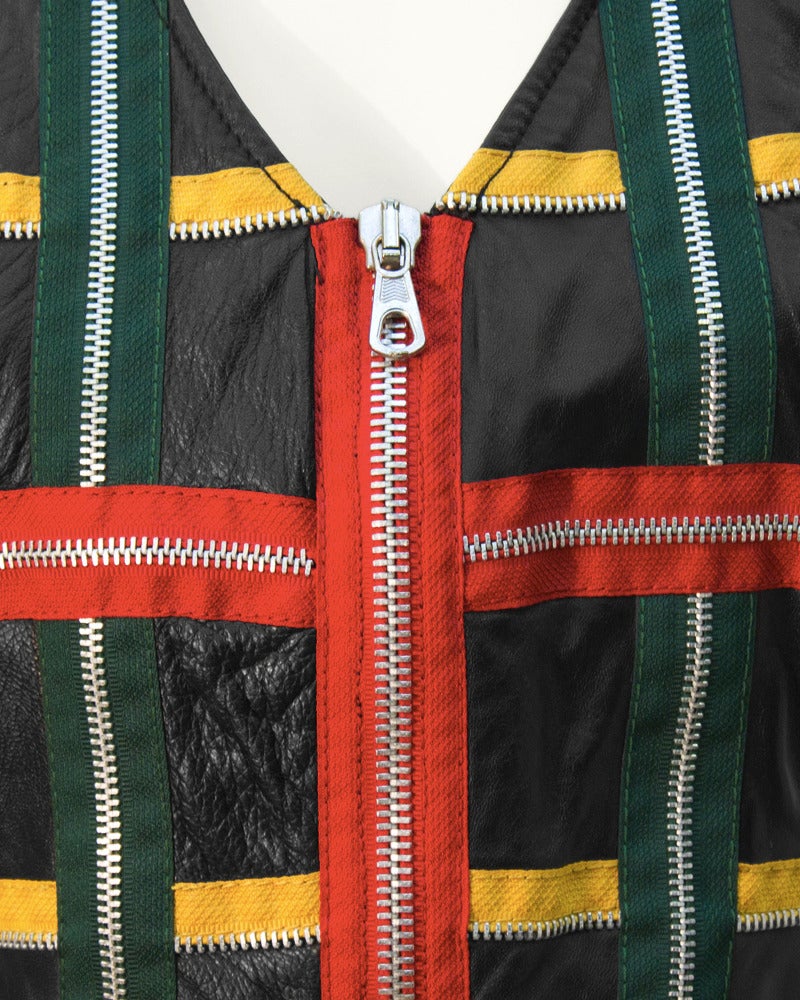 Women's 1980's Moschino Black Leather Vest with Colorful Zippers