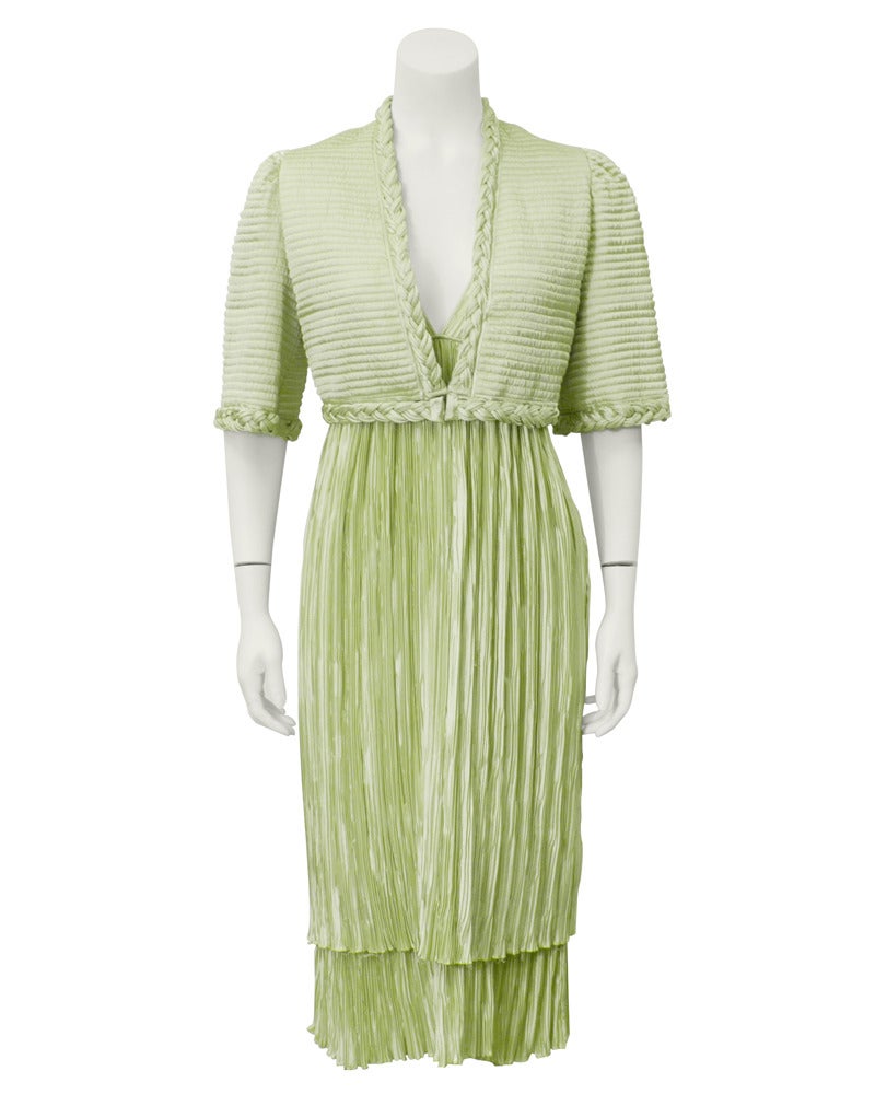 1980's Mary McFadden Green Micro Pleated Dress and Bolero In Excellent Condition In Toronto, Ontario