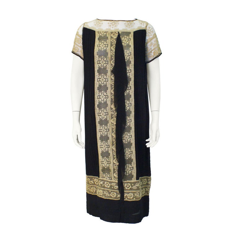 1930's Black Micro Pleat Flapper Dress with Lace