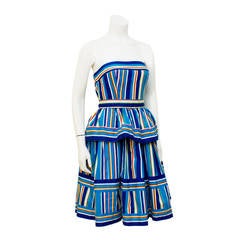 1980's Victor Costa Blue Striped Cotton Tiered Dress 10