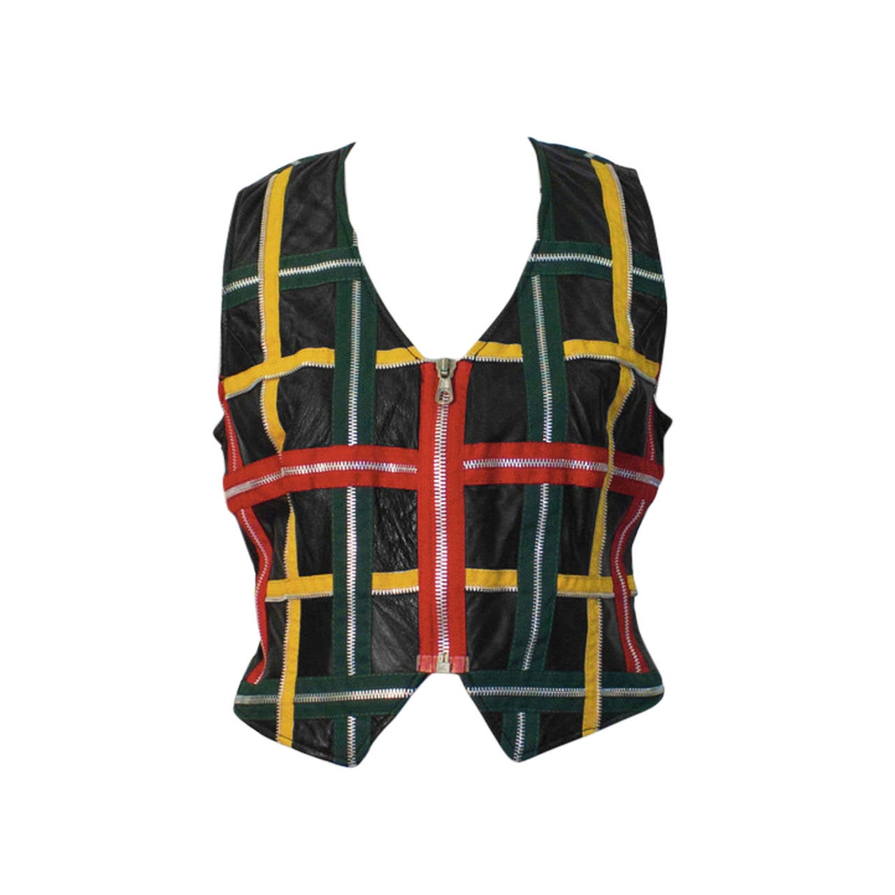 1980's Moschino Black Leather Vest with Colorful Zippers