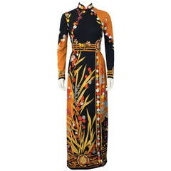 1970's Paganne Tan & Black Abstract Print Gown