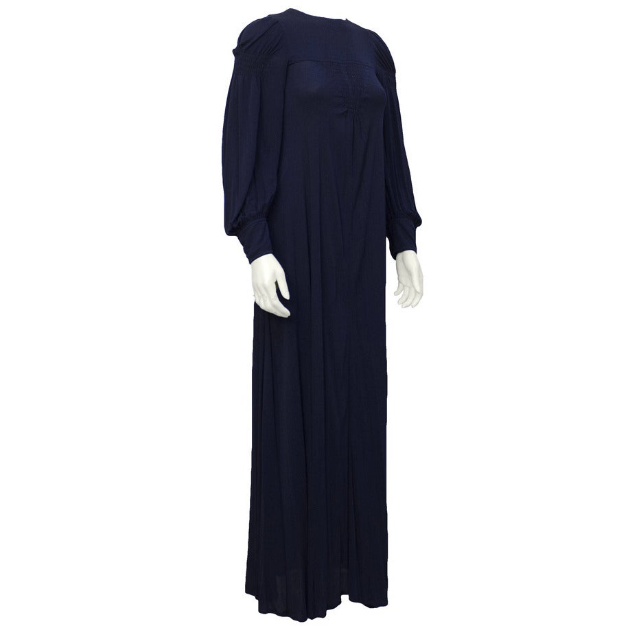 1970's Jean Muir Navy Blue Long Sleeve Gown For Sale at 1stDibs