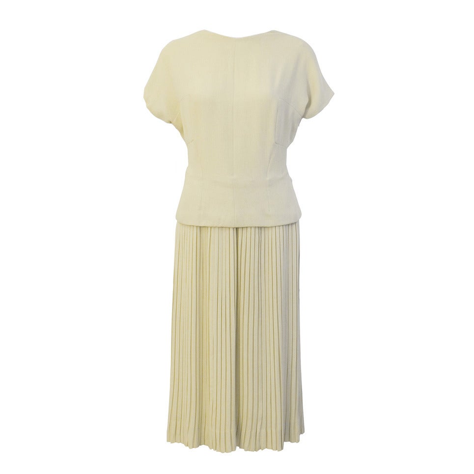 1940's Manguin Cream Dress with Pleated Skirt and Bow Detail