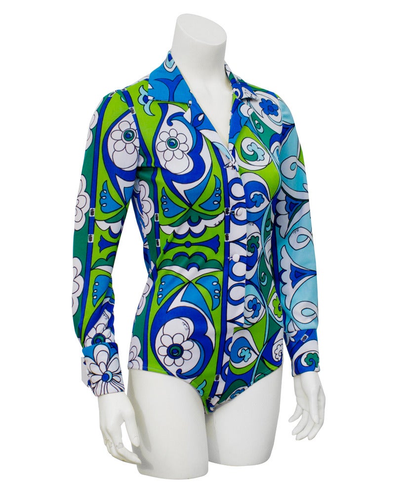 1970's Pucci Blue & Green Bodysuit & Maxi Skirt Ensemble In Excellent Condition In Toronto, Ontario