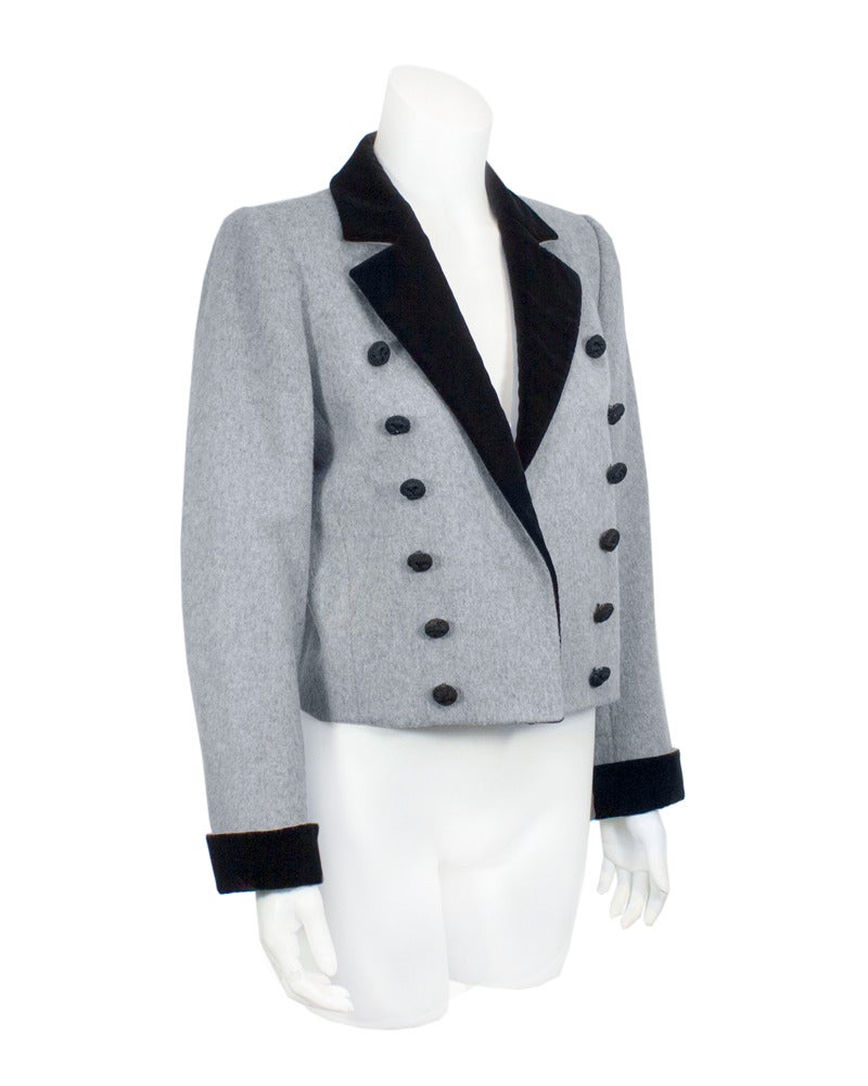 Gray 1980's Yves Saint Laurent YSL Rive Gauche Grey Wool & Velvet Military Jacket