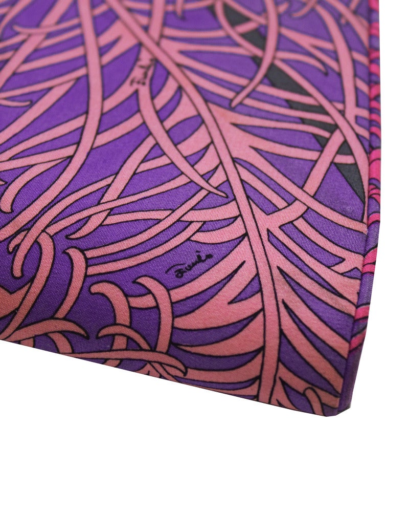 1960's Emilio Pucci Purple & Pink Feather Printed Clutch and Scarf Set In Excellent Condition In Toronto, Ontario