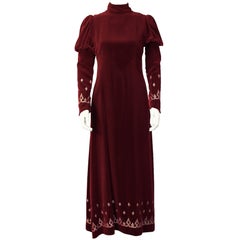 Retro 1970's Annacat Burgundy Velvet Gown with Gold & Silver Details