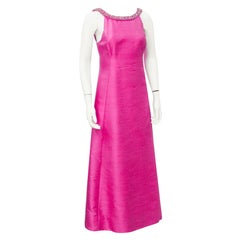 1960's Gino Charles Pink Raw Silk Evening Gown with Beaded Neckline