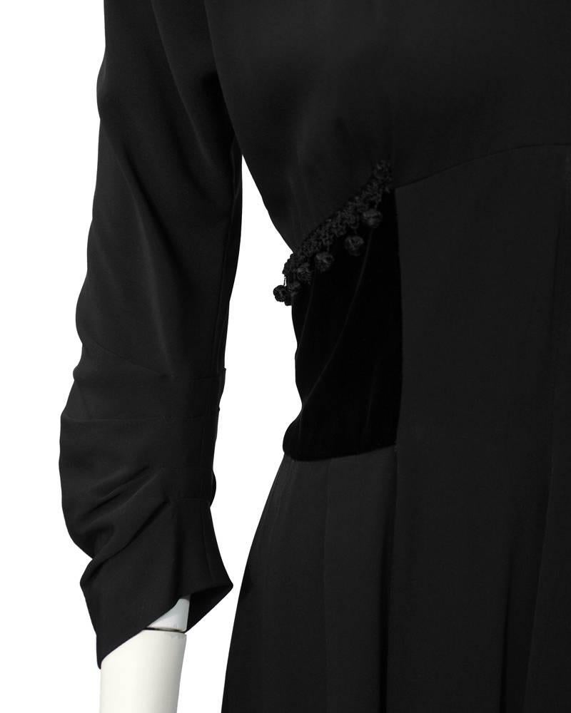 Late 1940's Hattie Carnegie Black Dress with Velvet and Pom Pom Details 1
