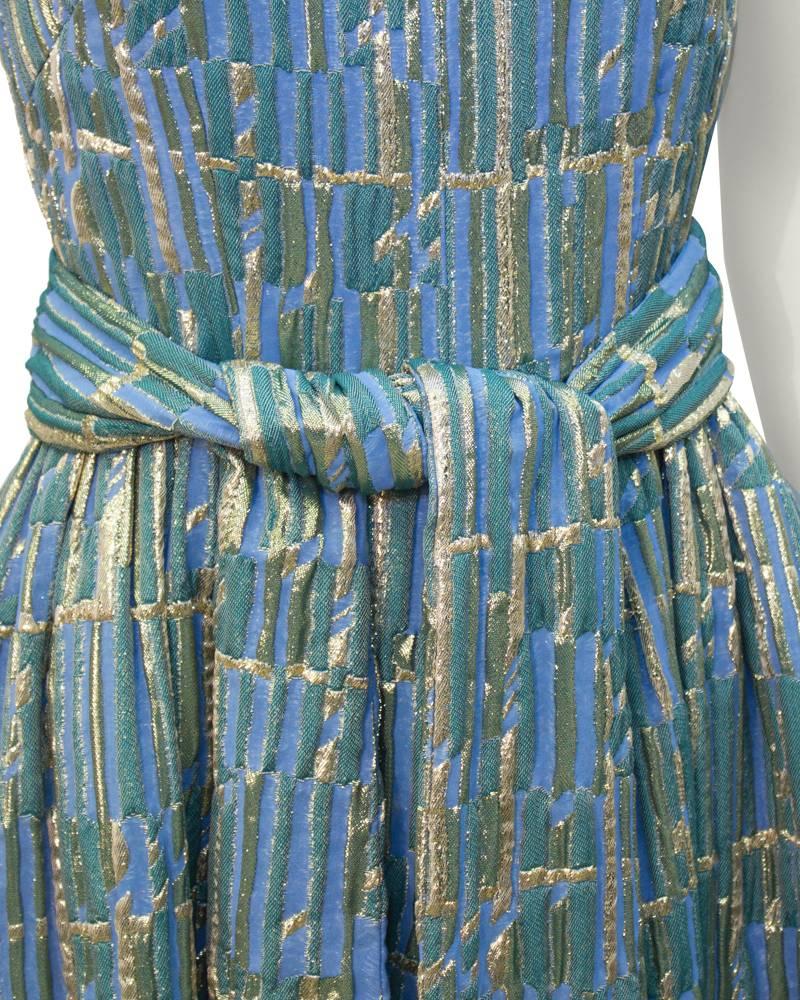 Women's 1960's Blue, Gold and Green Brocade Gown For Sale