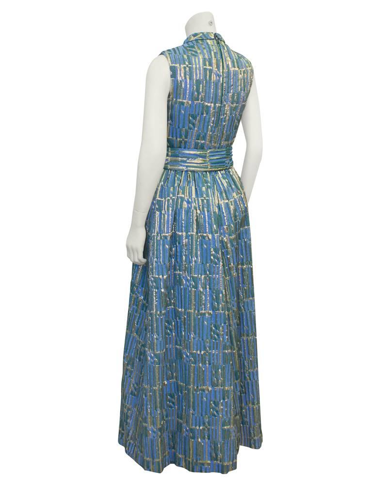 Gray 1960's Blue, Gold and Green Brocade Gown For Sale