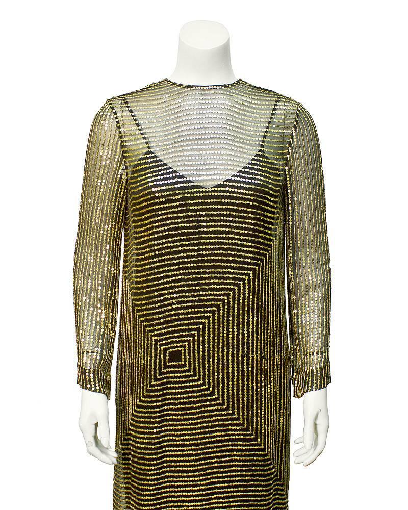 Black 1970s Marion Wagner Gold Geometric Sequin Cocktail Dress