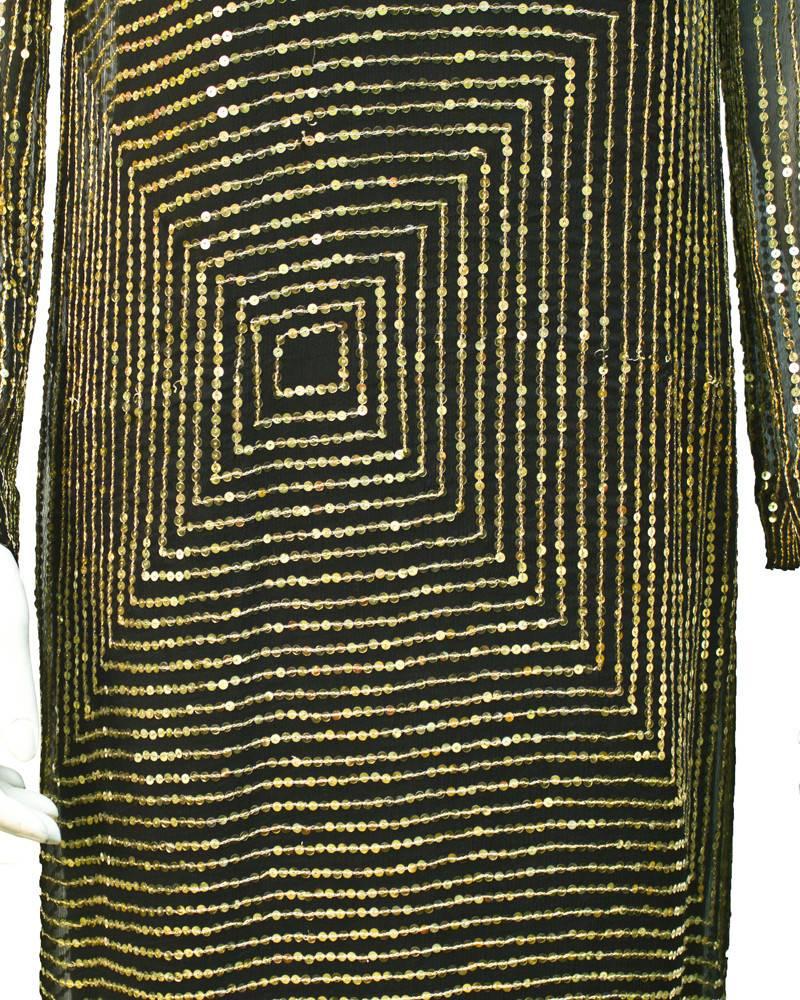 1970s Marion Wagner Gold Geometric Sequin Cocktail Dress In Excellent Condition In Toronto, Ontario