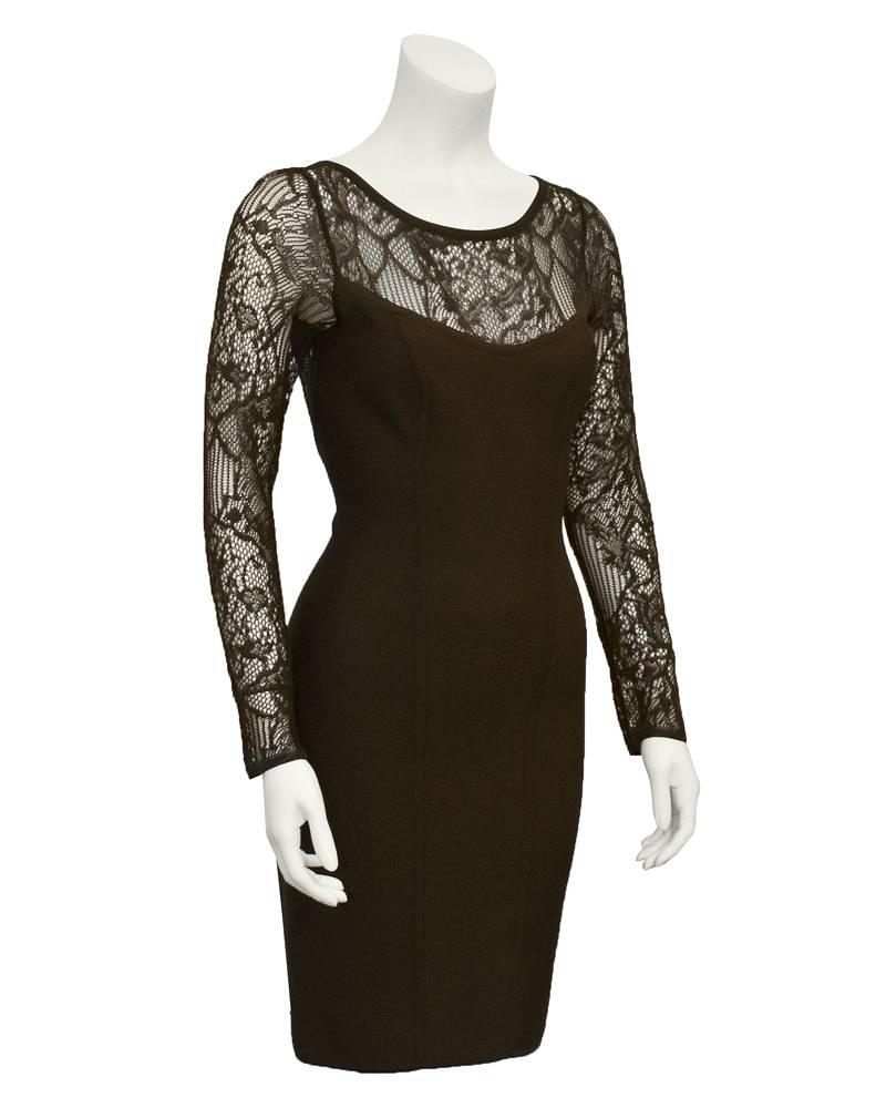 A classic chocolate brown Herve Leger bandage dress from the 1980's. This vintage piece with see through lace sleeves is as sexy as all his early creations. Zipper up the back. Excellent vintage condition, some wear to the lace with minor repairs.