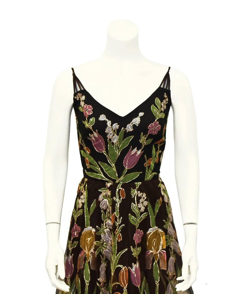 1970's Maggie Reeves Brown Floral Embroidered Gown In Excellent Condition In Toronto, Ontario