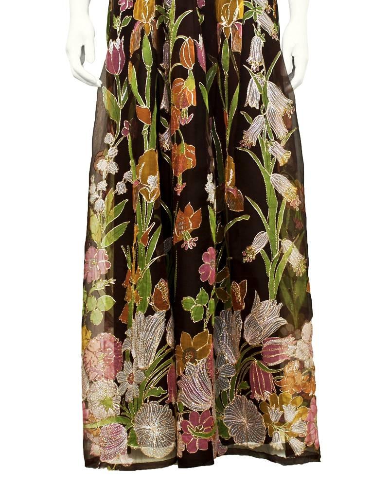 Women's 1970's Maggie Reeves Brown Floral Embroidered Gown