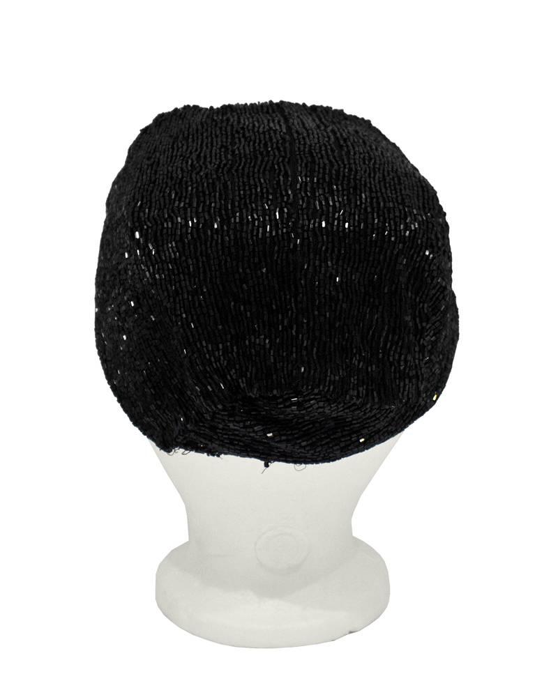 Art Deco era beautiful hand beaded black jet soft fitted beret. Excellent vintage condition. Hand beaded pm silk chiffon. Slight slouch to the fit, best worn on a sassy angle.

