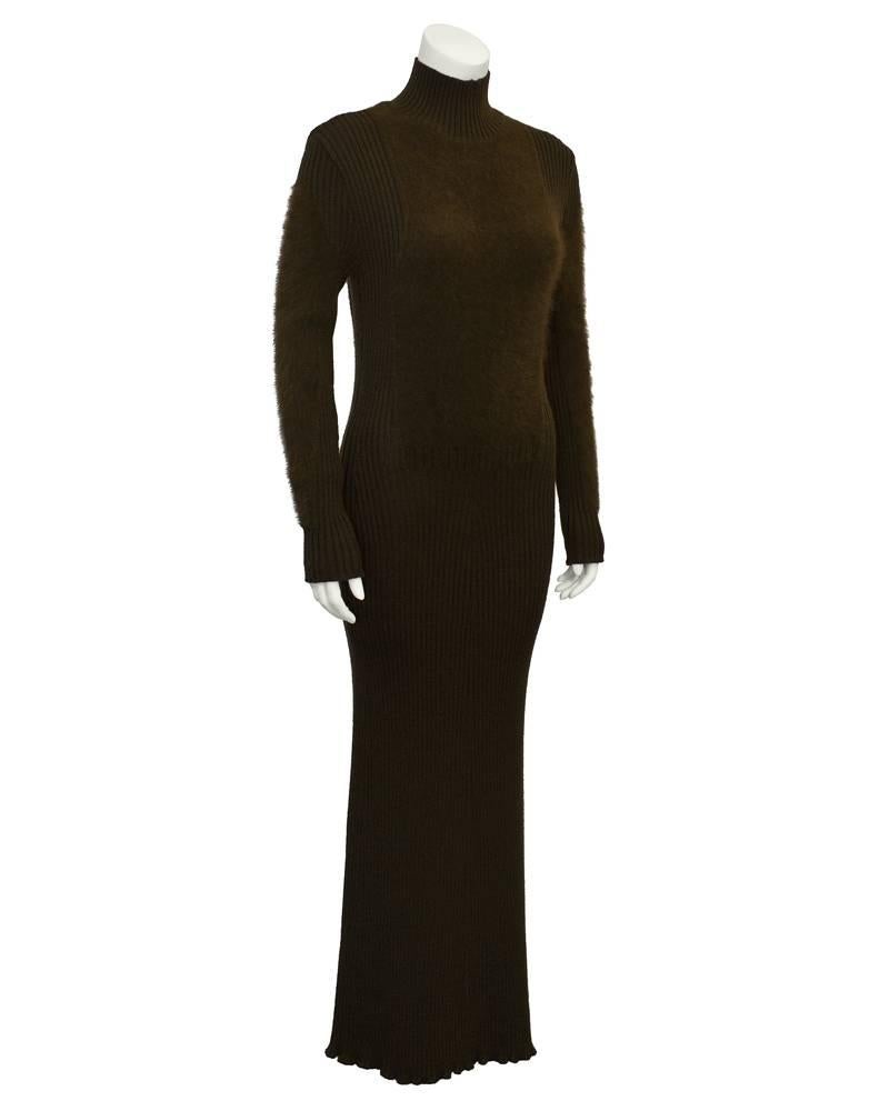 Jean Paul Gaultier deep chocolate brown ribbed wool knit maxi dress. Turtleneck, long sleeves and fuzzy details on bust and arms. Sexy body con, yet covered and elegant. Fabric allows for great stretch. Excellent vintage condition. 
