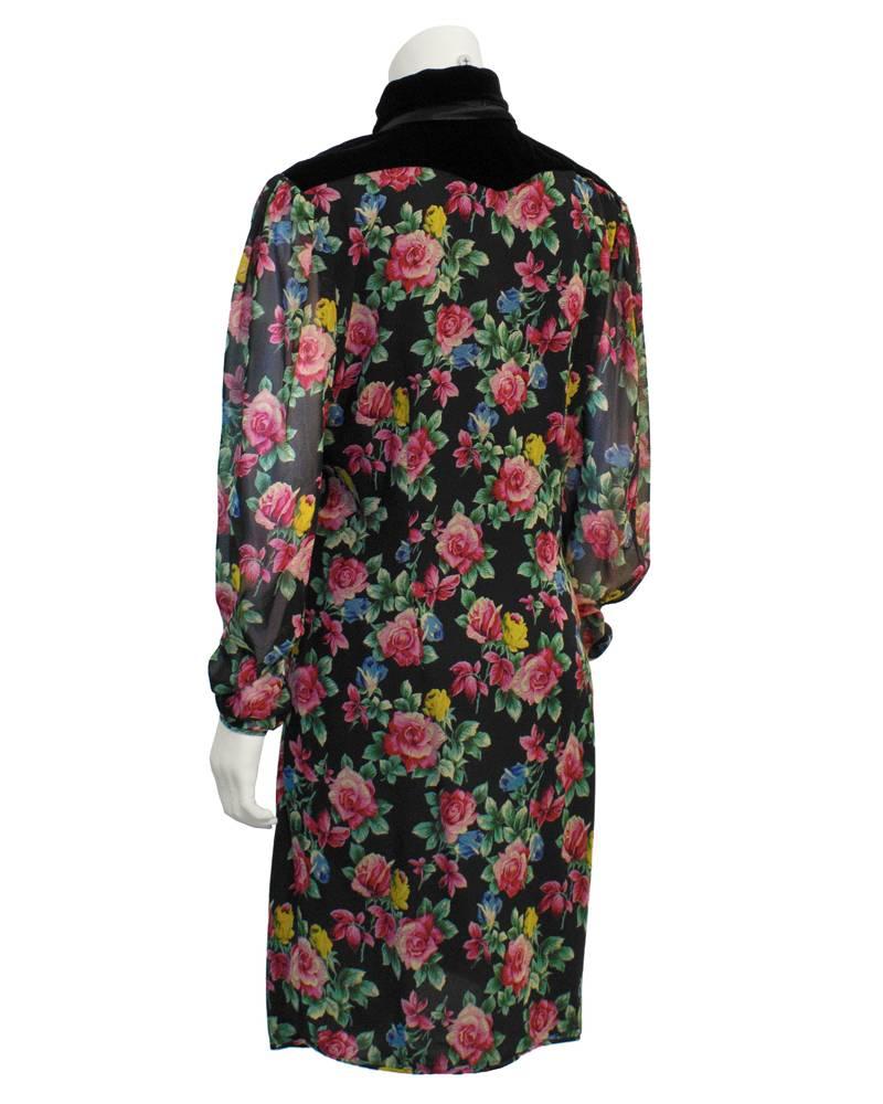 Black 1980's Ungaro Floral Long Sleeve Cocktail Dress