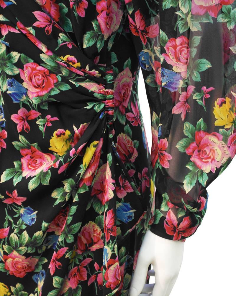 Women's 1980's Ungaro Floral Long Sleeve Cocktail Dress