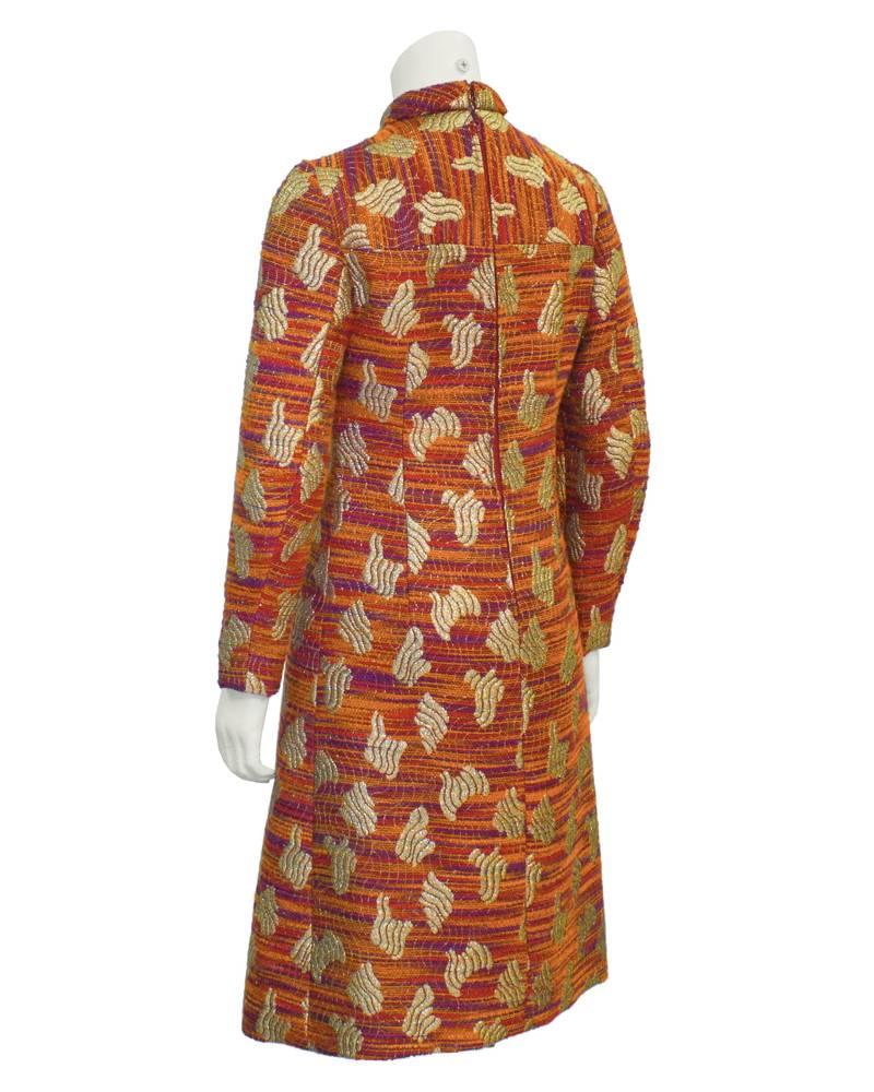 Brown 1960's Orange and Gold Long-Sleeve Brocade A- Line Dress