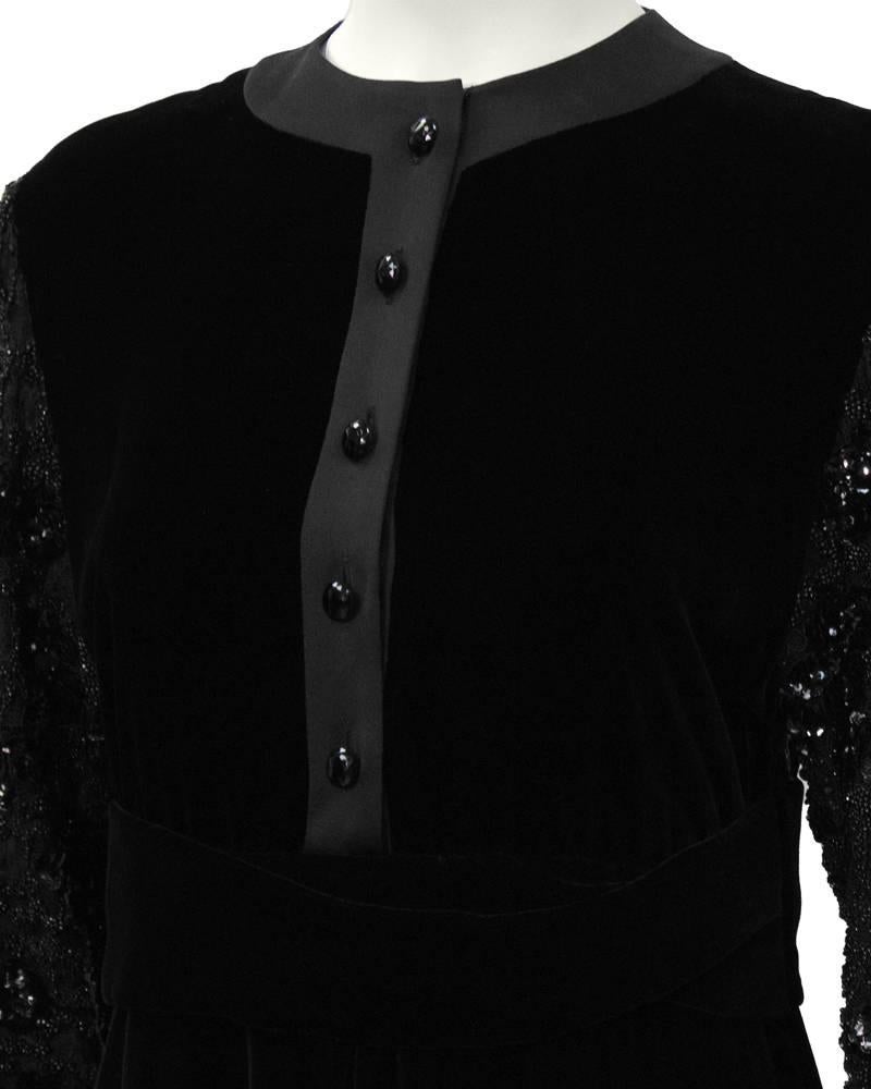 Women's 1980's Scherrer Black Velvet Dress with Beaded Sleeves  For Sale