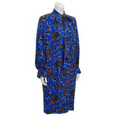 1980's Yves Saint Laurent YSL Jacquard Silk Print Dress