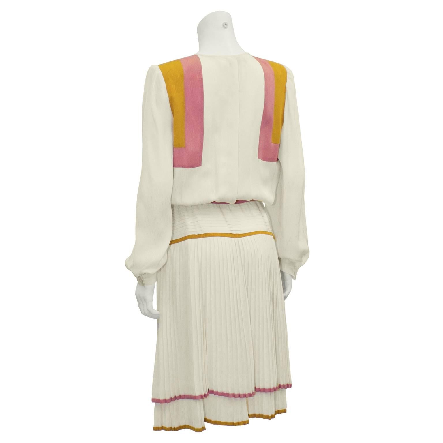Beige 1980's Valentino Cream and Pink Dress with Pleated Skirt