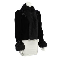 1980's Black Velvet Beaded Jacket with Fur Trim