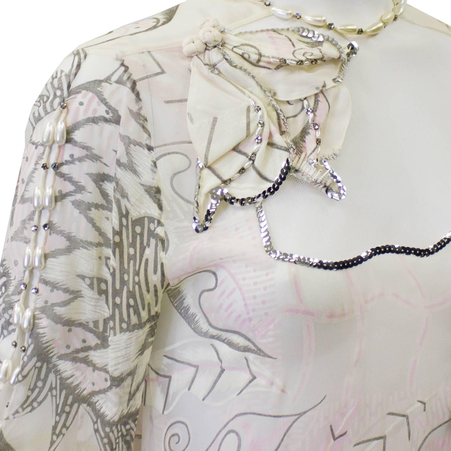 1980's Zandra Rhodes Pink Silk Chiffon Dress with Pearls In Good Condition For Sale In Toronto, Ontario