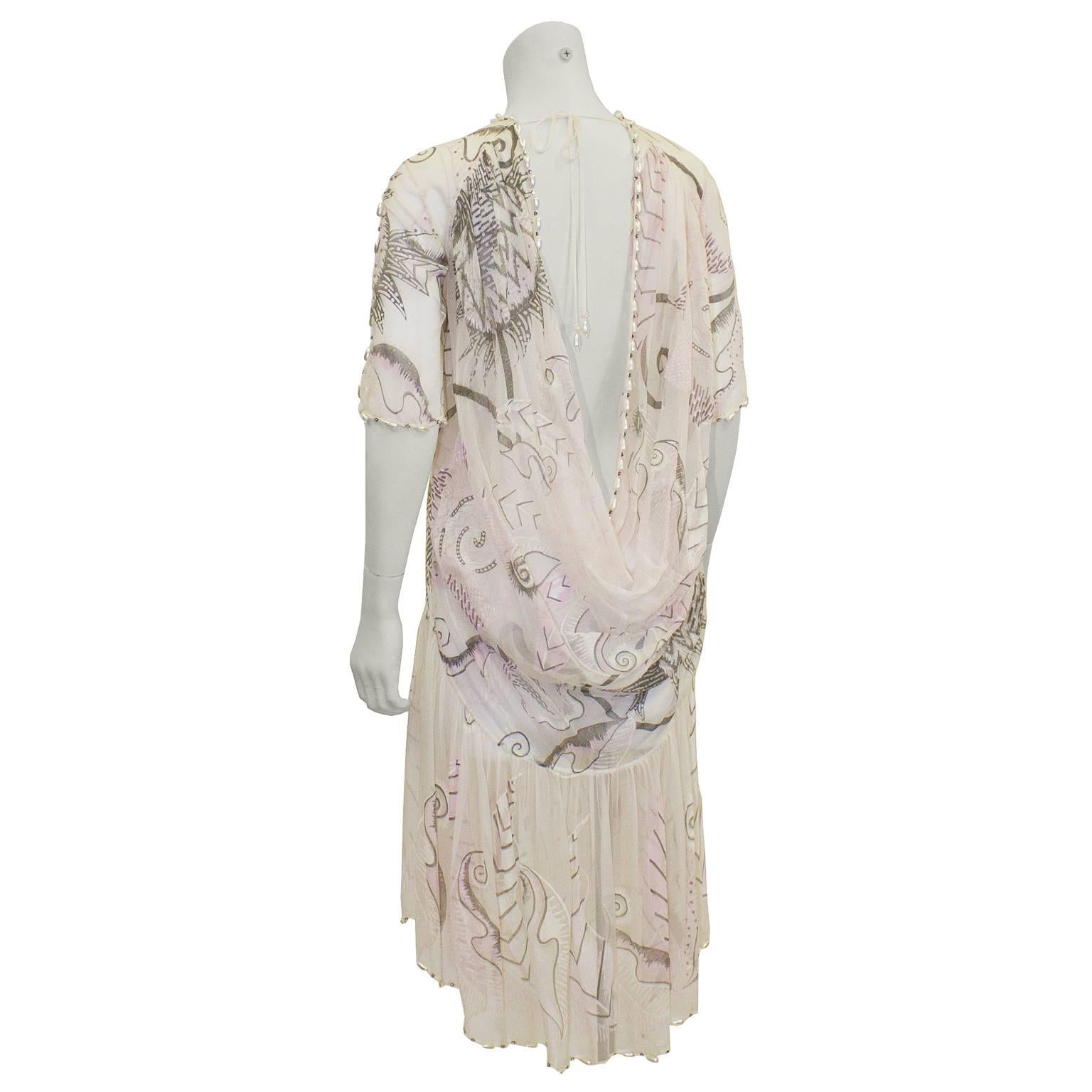Beige 1980's Zandra Rhodes Pink Silk Chiffon Dress with Pearls  For Sale