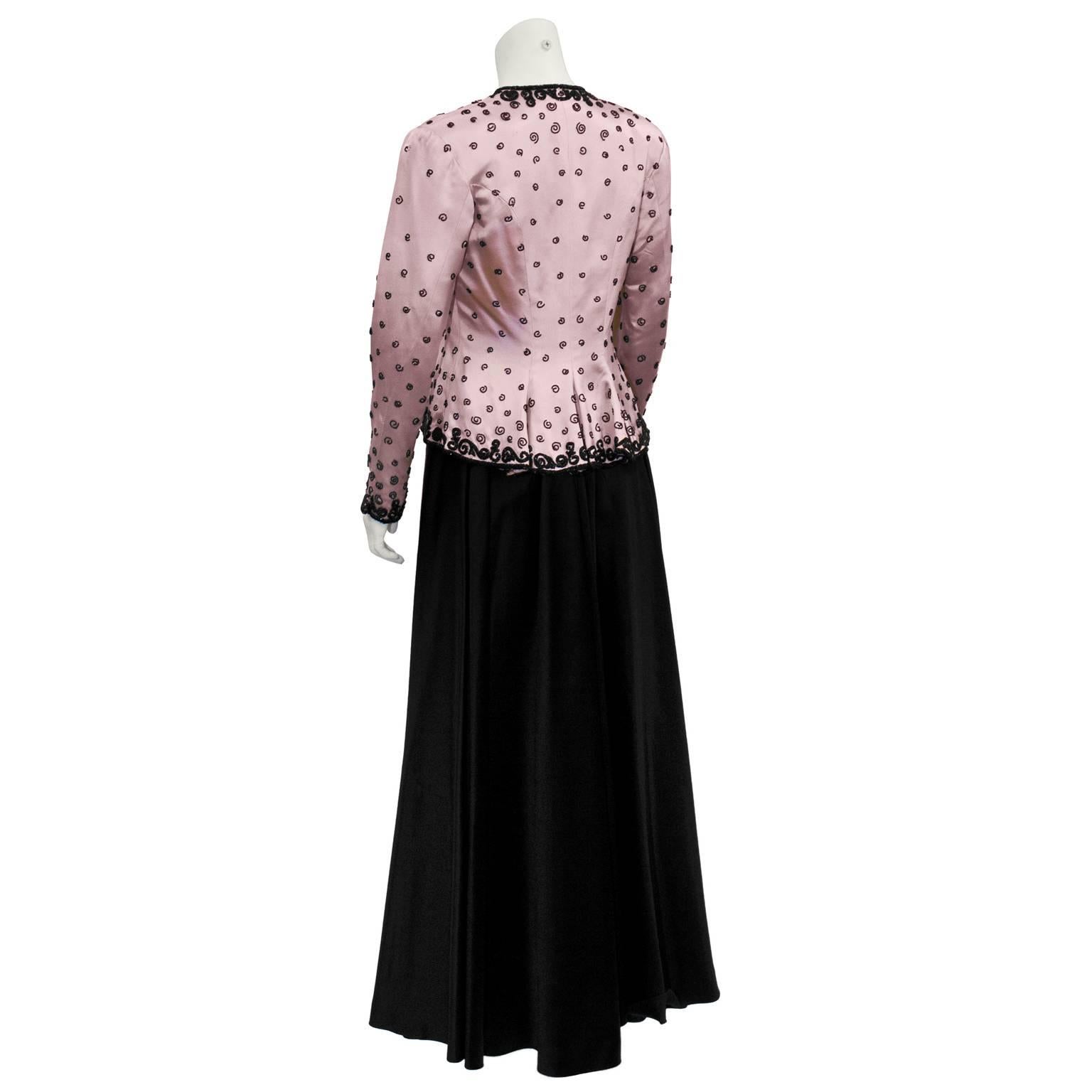 1940's Black Satin Gown with Pink Beaded Jacket  In Excellent Condition In Toronto, Ontario