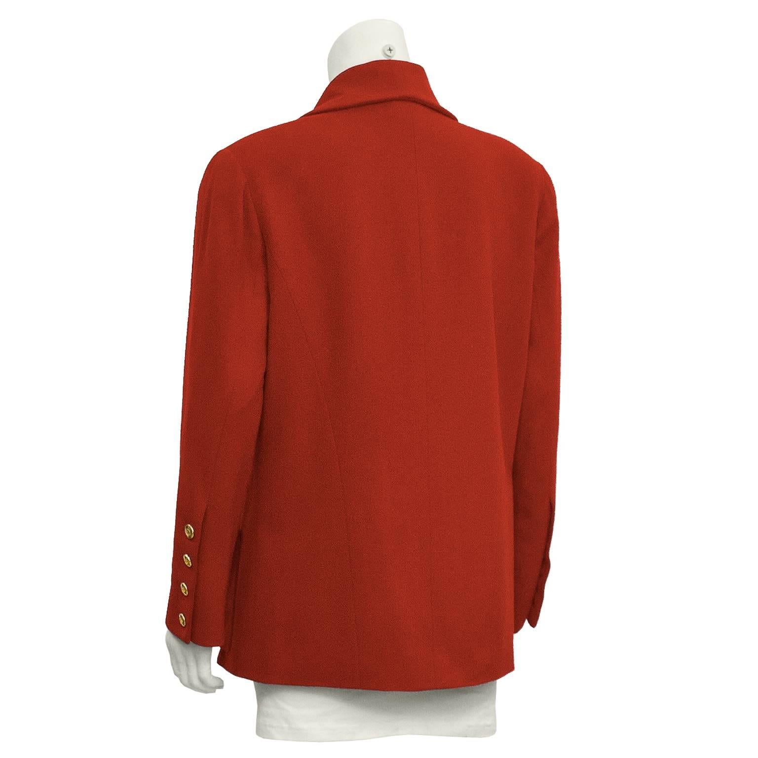 1980's Chanel Red Cashmere Blazer with Gold Buttons In Excellent Condition In Toronto, Ontario