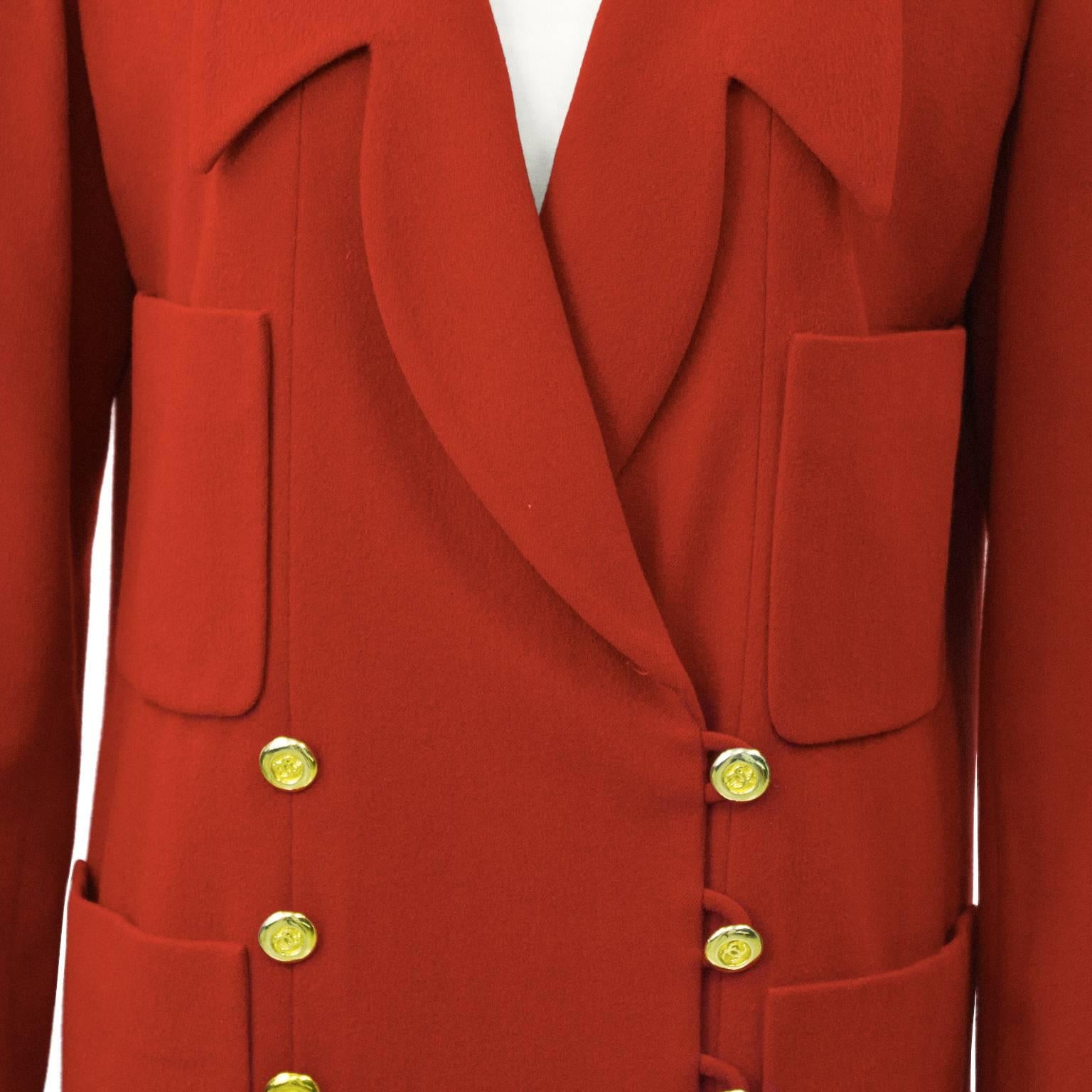 1980's Chanel Red Cashmere Blazer with Gold Buttons 1