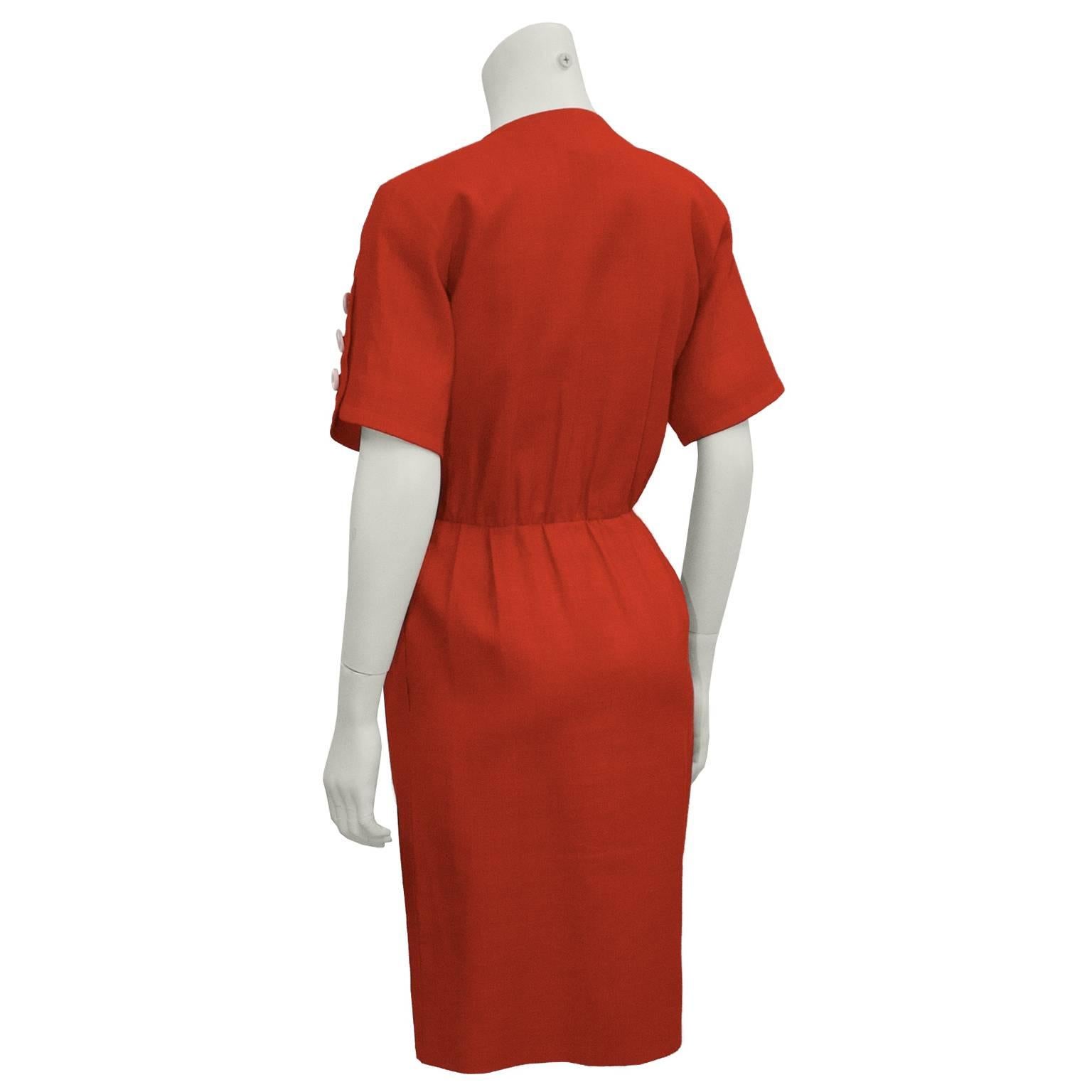 1980's Yves Saint Laurent YSL Red Linen Dress with White Buttons In Excellent Condition In Toronto, Ontario