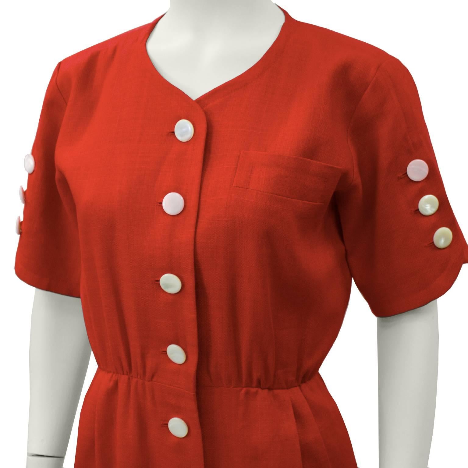 Women's 1980's Yves Saint Laurent YSL Red Linen Dress with White Buttons