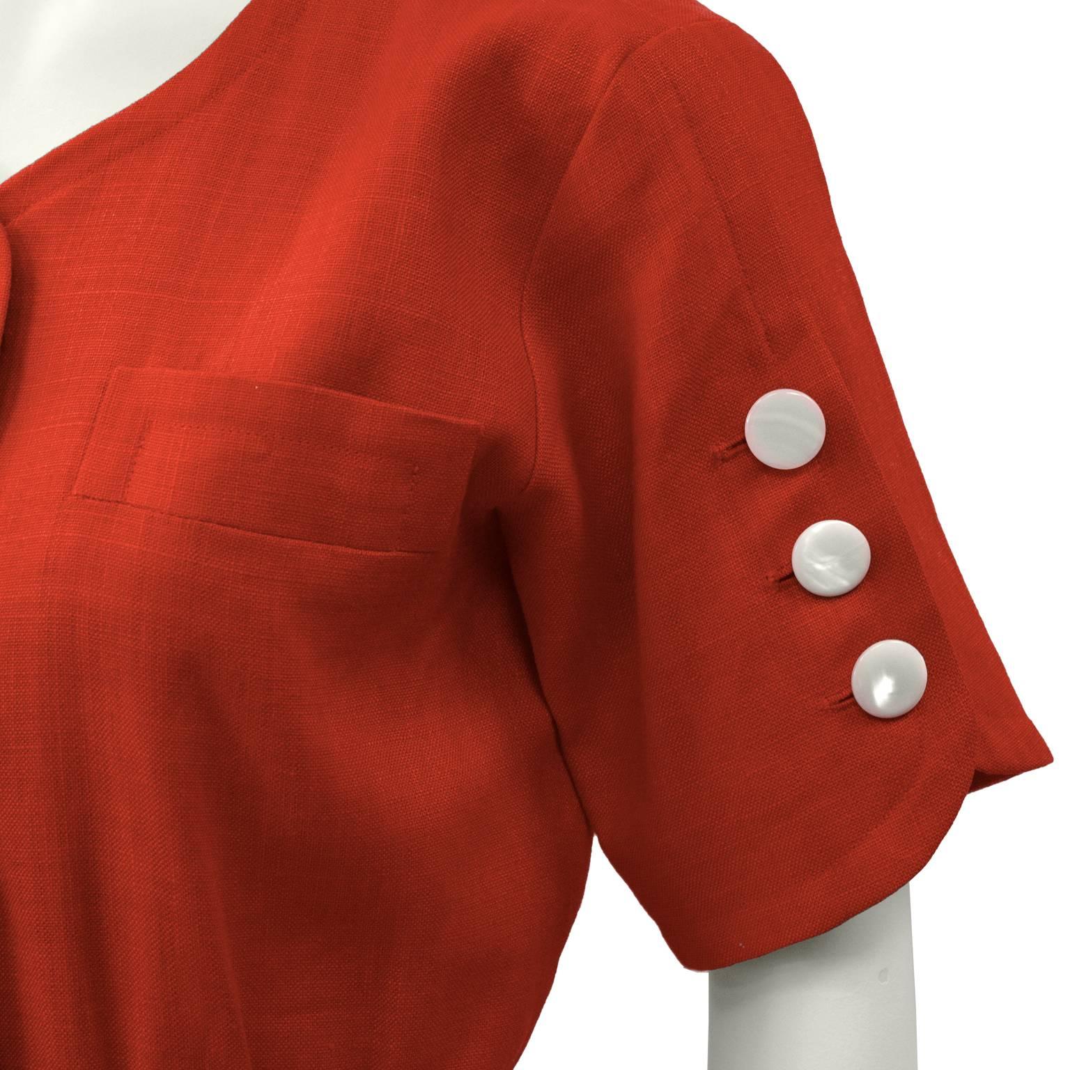 1980's Yves Saint Laurent YSL Red Linen Dress with White Buttons 1