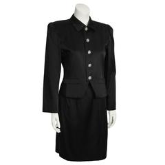 1980's Yves Saint Laurent YSL Black Satin Suit with Rhinestone Buttons