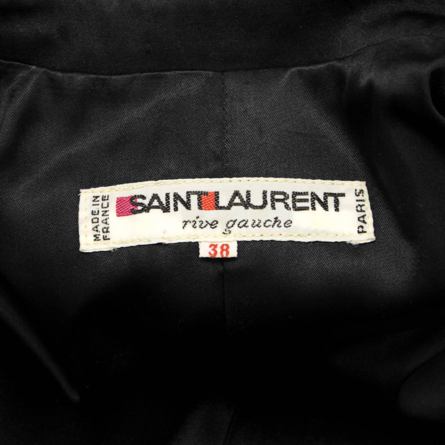 Women's 1980's Yves Saint Laurent YSL Black Satin Suit with Rhinestone Buttons For Sale