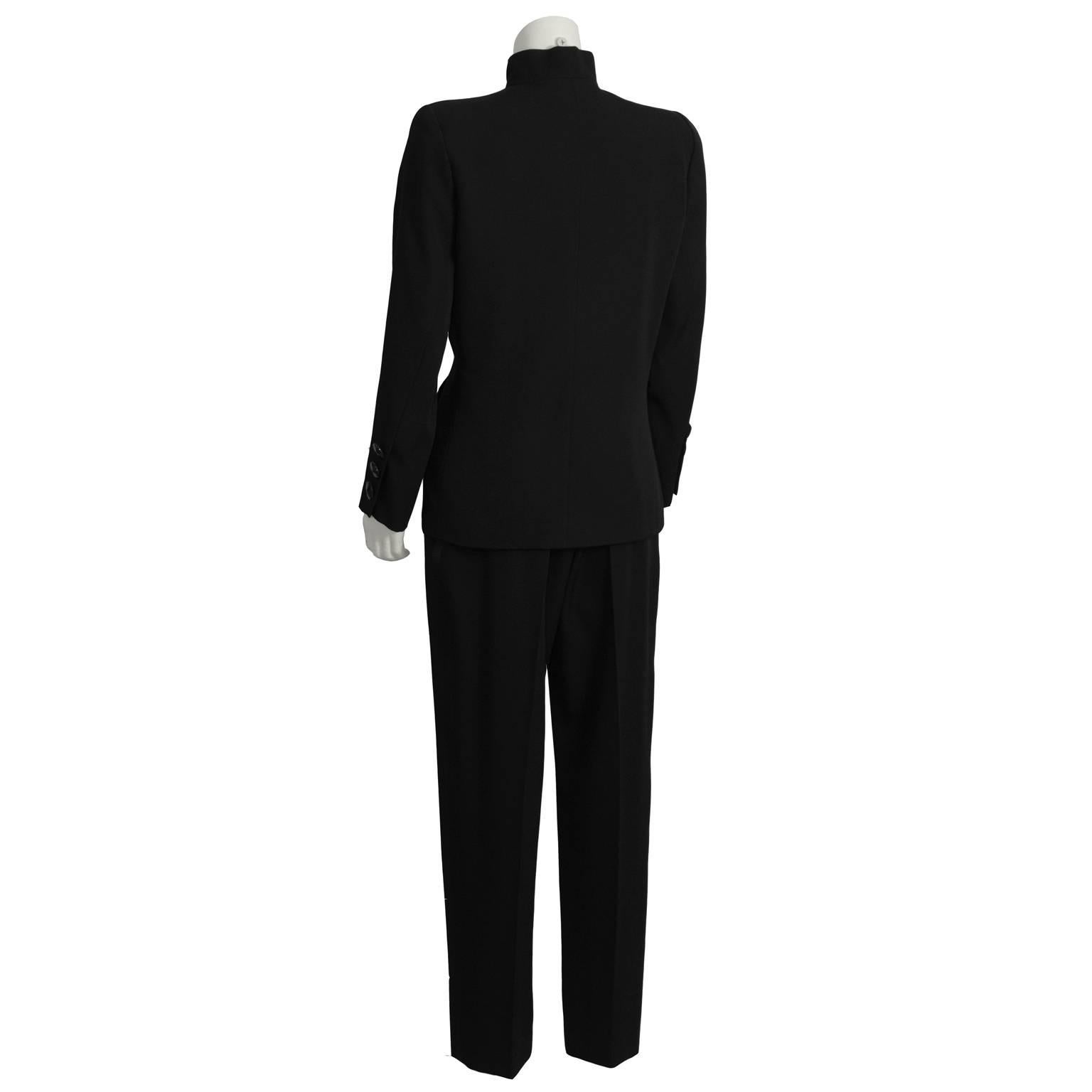 smoking evening ensemble comprising tuxedo-style jacket and pants and black silk chiffon blouse