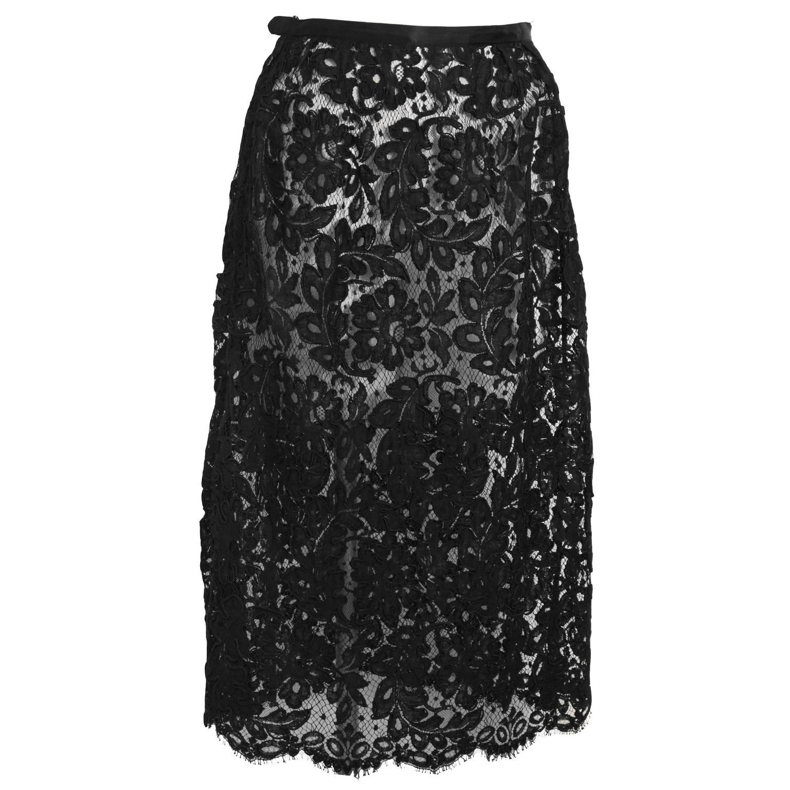 Women's 1970's Yves Saint Laurent YSL Black Satin Tie Top and Lace Skirt For Sale