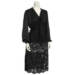 1970's Yves Saint Laurent YSL Black Satin Tie Top and Lace Skirt
