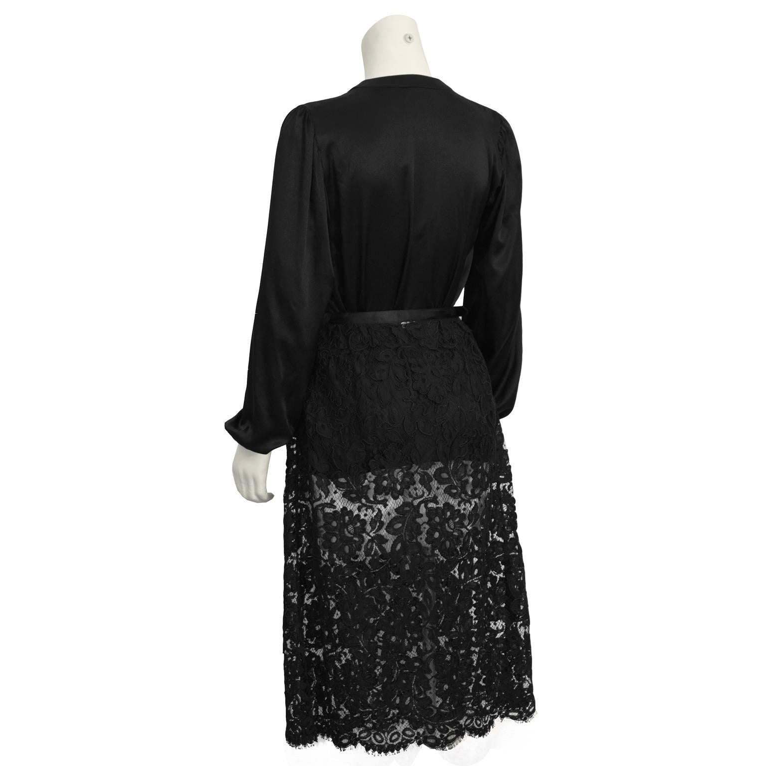 1970's Yves Saint Laurent YSL Black Satin Tie Top and Lace Skirt For ...